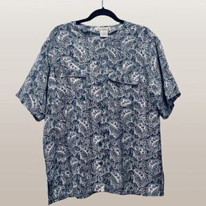 Vintage 100% Silk 80s Oversized Flowy Blue and White Paisley Button Down Blouse